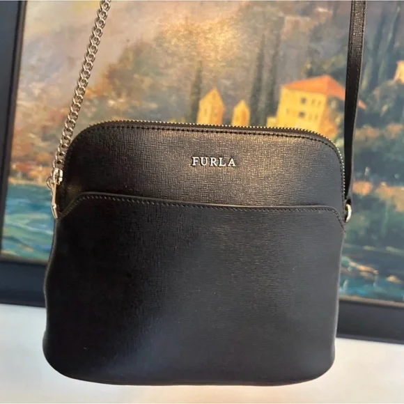 Furla Black Leather Crossbody with Gold Chain Detail - Picture 1 of 9